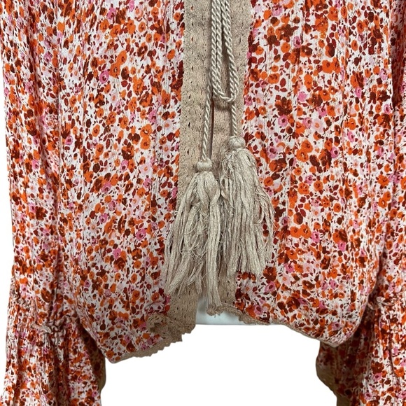 Nalini Cardigan Top Women’s One Size Orange Boho Tassels Tie Front Bell Sleeves - Picture 5 of 11